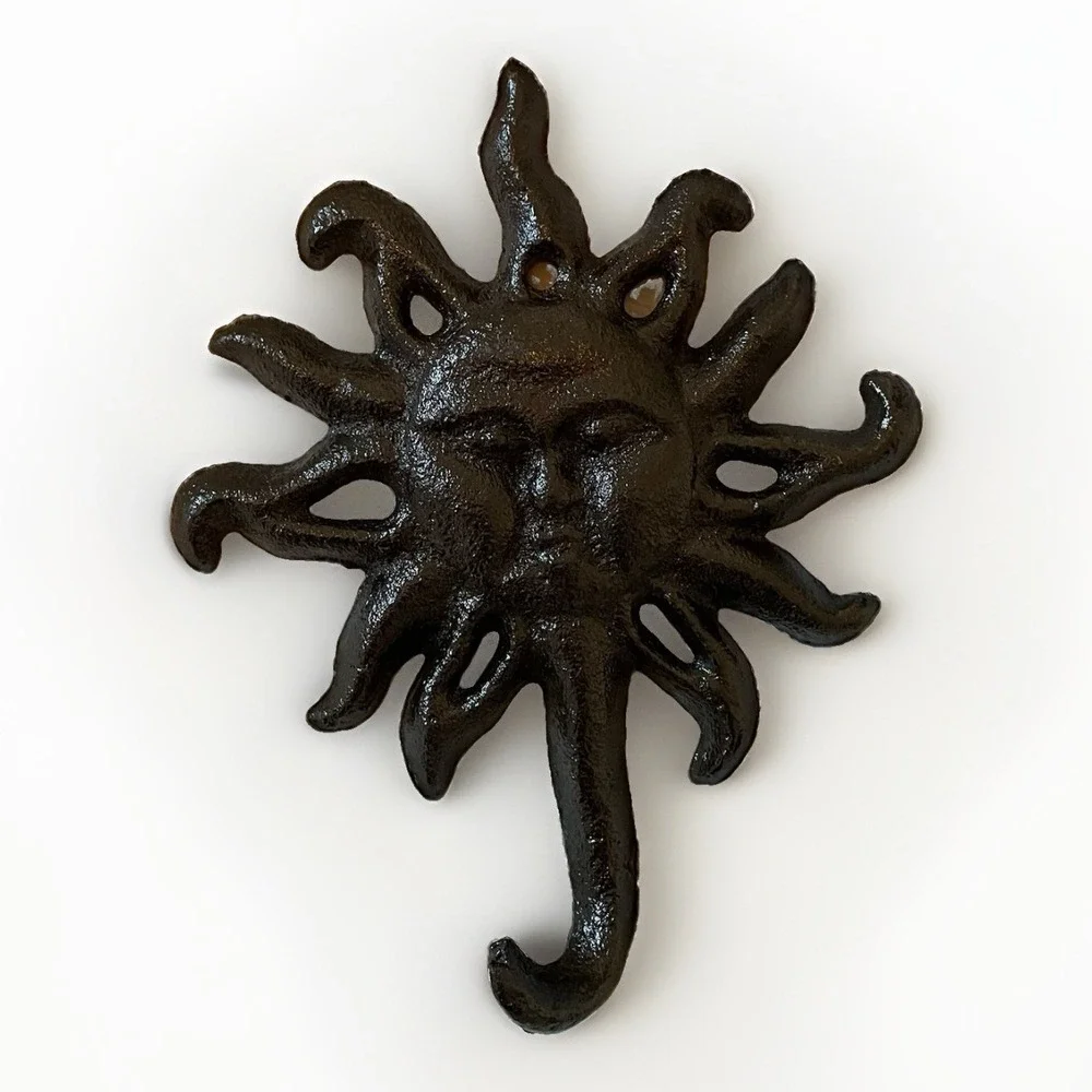 Cast Iron Sun Face Wall Hook Celestial Gothic Boho Rustic Black Decor Cottage